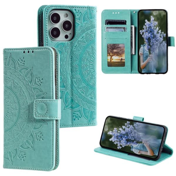 SKALO iPhone 15 Pro Mandala Flip Cover - Turkis