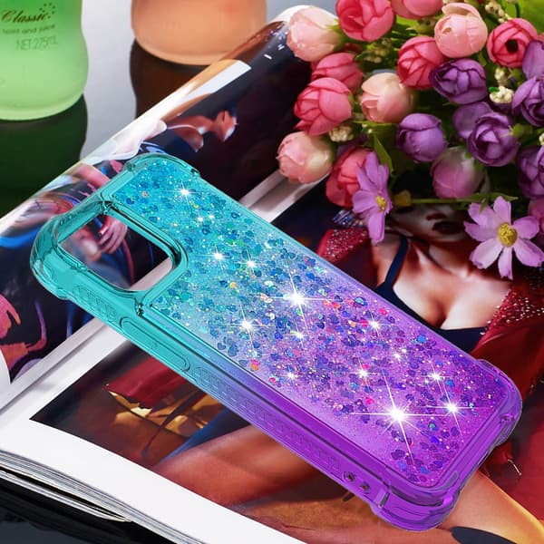 SKALO iPhone 15 Plus Kvicksand Glitter Hjerter TPU Cover - Turkis-Lilla