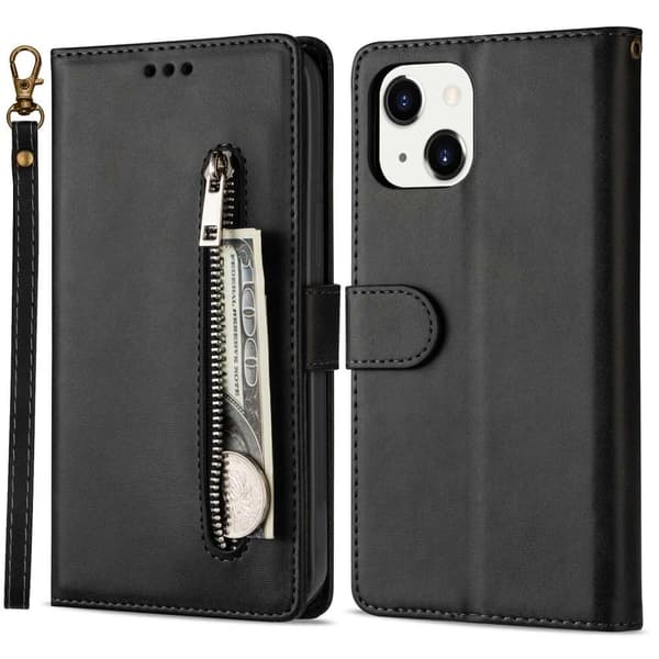SKALO iPhone 15 Plus Flip Cover m. pung i PU-læder med lynlås - Sort