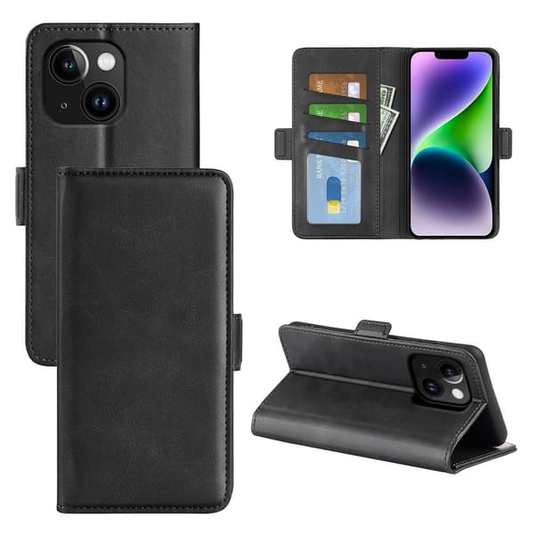 SKALO iPhone 15 Plus Premium Wallet Lompakkokotelo - Musta