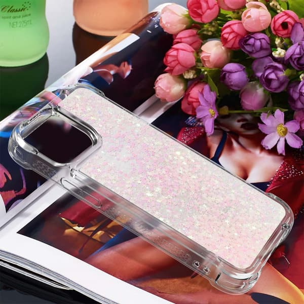 SKALO iPhone 15 Pro Kvicksand Glitter Hjerter TPU Cover - Pink