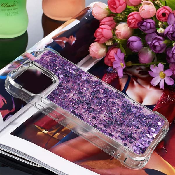 SKALO iPhone 15 Pro Kvicksand Glitter Hjerter TPU Cover - Lilla