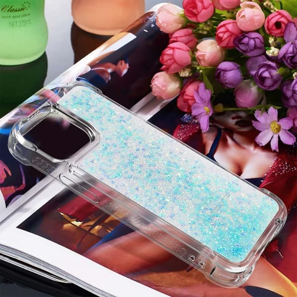 SKALO iPhone 15 Pro Kvicksand Glitter Hjerter TPU Cover - Turkis