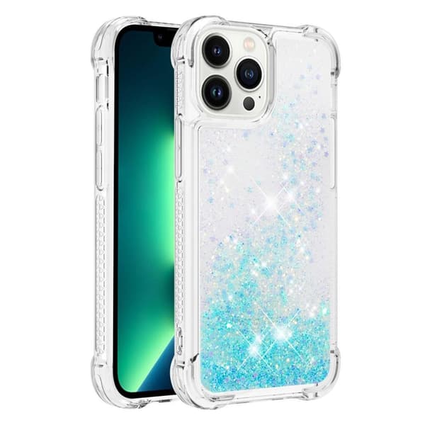 SKALO iPhone 15 Pro Kvicksand Glitter Hjerter TPU Cover - Turkis