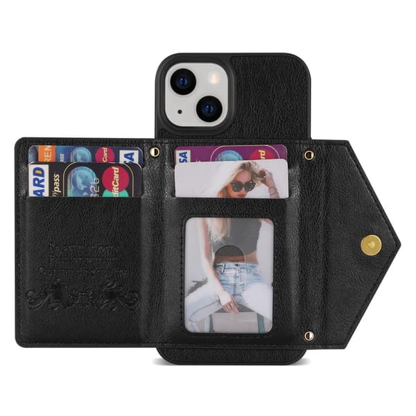 SKALO iPhone 15 PU-nahkainen Suojakuori Lompakolla - Musta