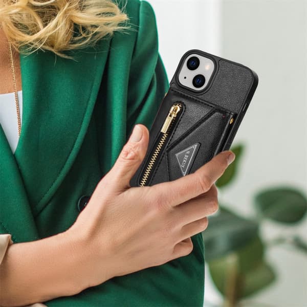 SKALO iPhone 15 PU-nahkainen Suojakuori Lompakolla - Musta