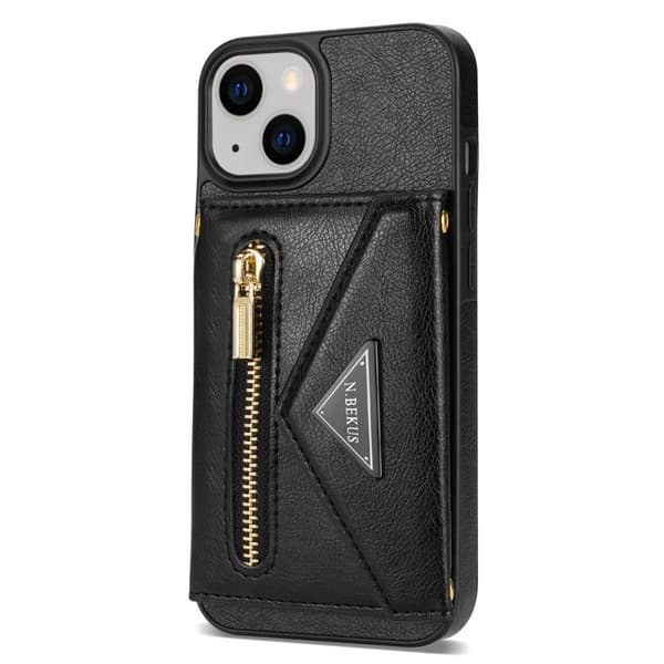 SKALO iPhone 15 PU-nahkainen Suojakuori Lompakolla - Musta