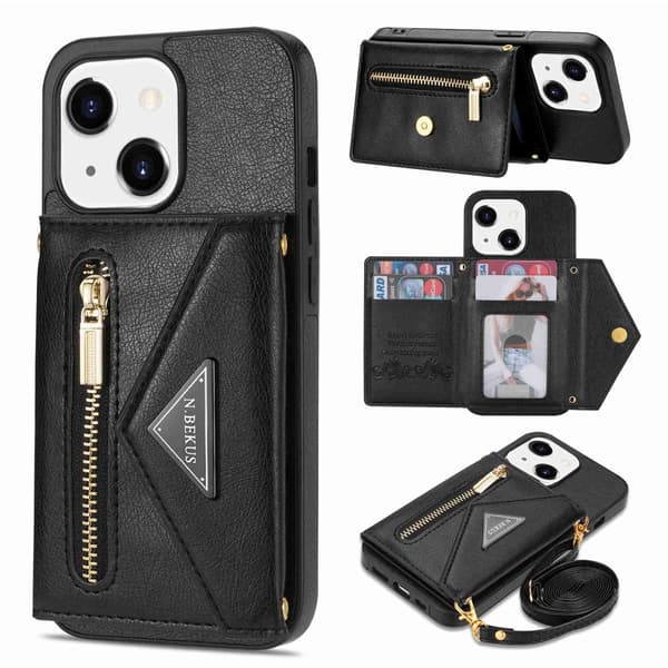 SKALO iPhone 15 PU-nahkainen Suojakuori Lompakolla - Musta
