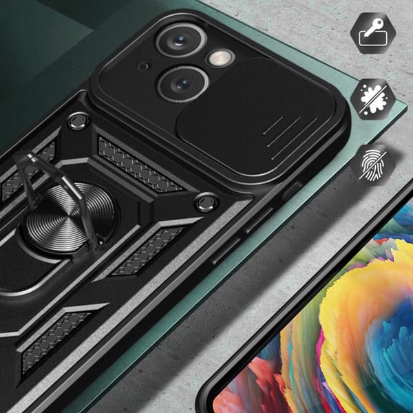 SKALO iPhone 15 Armor hybridi metallirengas kameran liukusäädin - - Musta