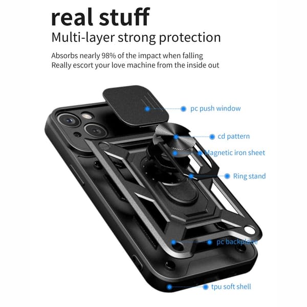 SKALO iPhone 15 Armor hybridi metallirengas kameran liukusäädin - - Musta