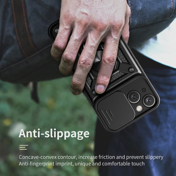 SKALO iPhone 15 Armor hybridi metallirengas kameran liukusäädin - - Musta