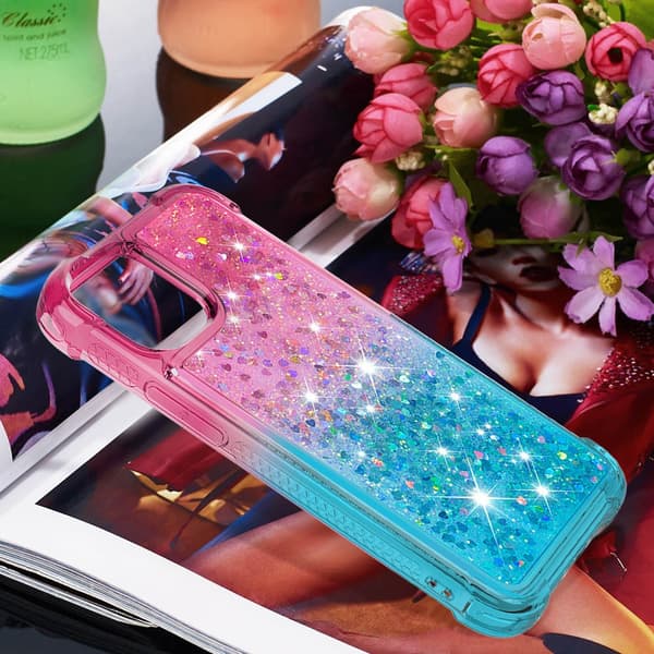 SKALO iPhone 15 Kvicksand Glitter Hjerter TPU Cover - Pink-Turkis