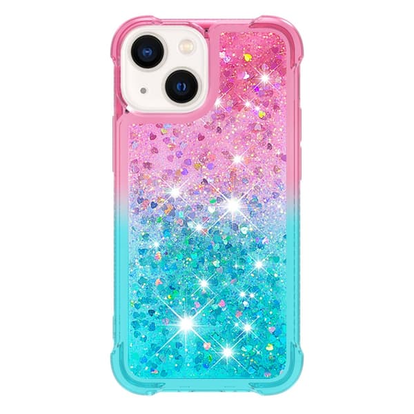 SKALO iPhone 15 Kvicksand Glitter Hjerter TPU Cover - Pink-Turkis