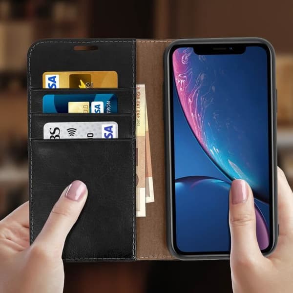 iPhone XR-fodral - Äkta läder - Svart - Plånbok - Videostöd - Kortfack
