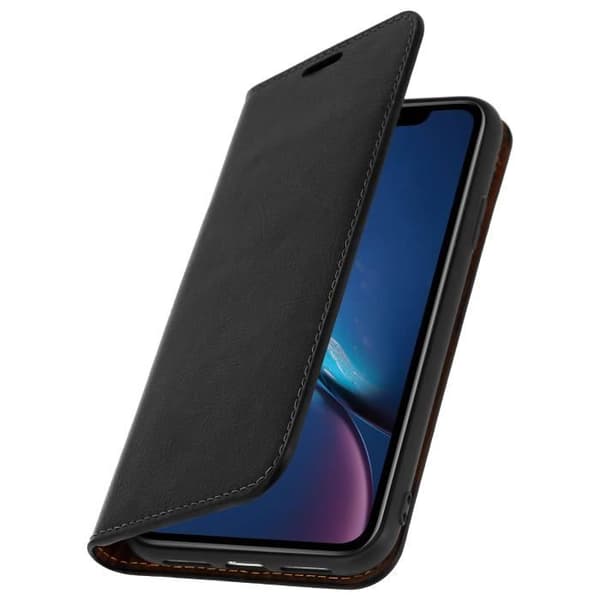 iPhone XR-fodral - Äkta läder - Svart - Plånbok - Videostöd - Kortfack