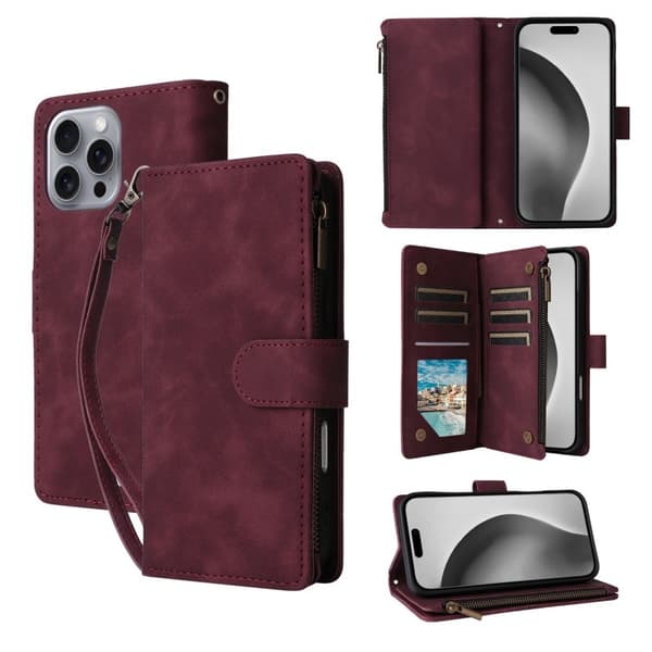 iPhone 15 Pro multifunktionelt pung etui Lynlås 8-rum