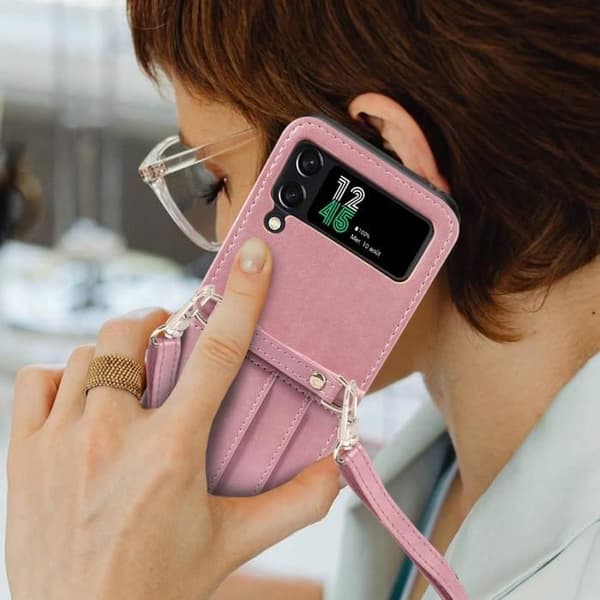 Fodral för Samsung Z Flip 4 läderkorthållare Lanyard mångsidigt fodral roséguld