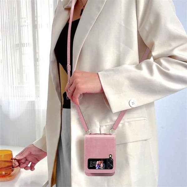 Fodral för Samsung Z Flip 4 läderkorthållare Lanyard mångsidigt fodral roséguld