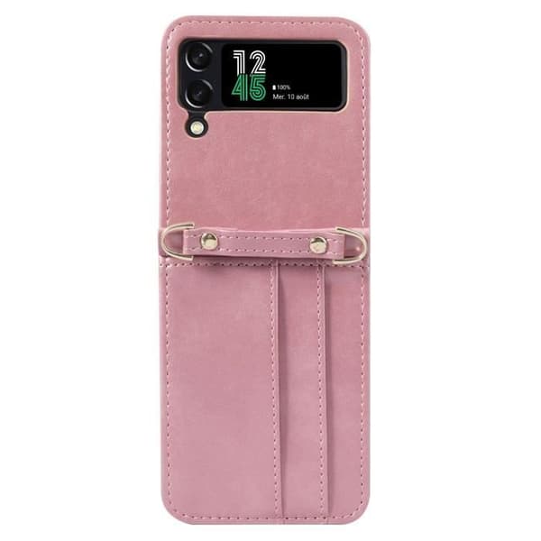 Fodral för Samsung Z Flip 4 läderkorthållare Lanyard mångsidigt fodral roséguld