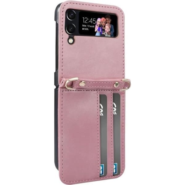 Fodral för Samsung Z Flip 4 läderkorthållare Lanyard mångsidigt fodral roséguld