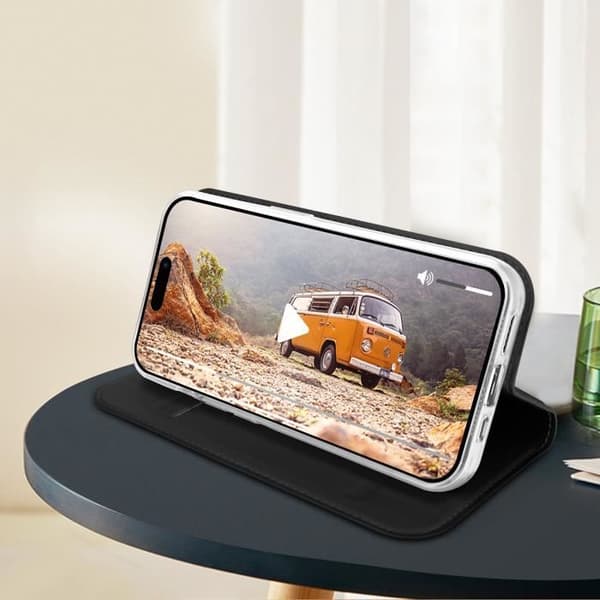 Fodral till iPhone 15 Plus - DUX DUCIS - Svart - Flip Card Hållare Video Support