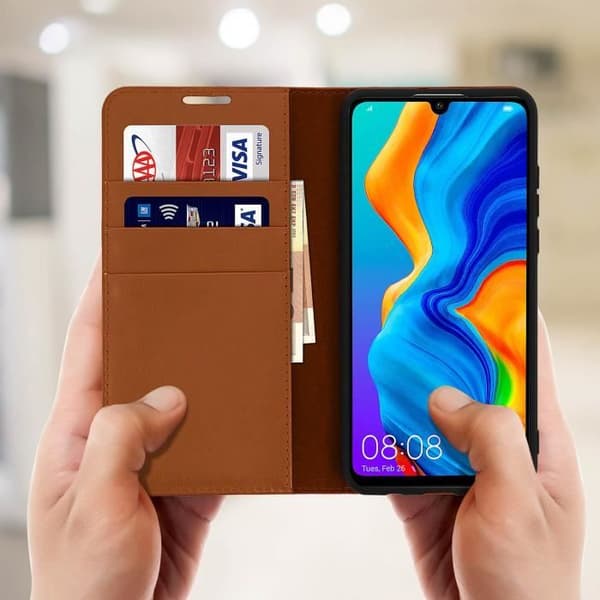 Étui Huawei P30 Lite - AVIZAR - Hållare Folio Läder - Videostöd - Brun - Semi-rigid