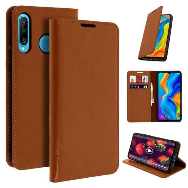 Étui Huawei P30 Lite - AVIZAR - Hållare Folio Läder - Videostöd - Brun - Semi-rigid