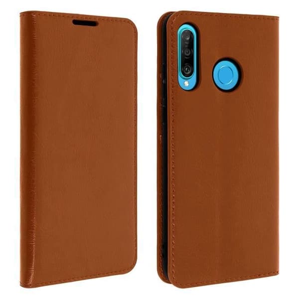 Étui Huawei P30 Lite - AVIZAR - Hållare Folio Läder - Videostöd - Brun - Semi-rigid