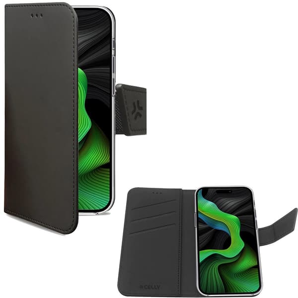 Celly iPhone 15 Pro Kotelo Wally Wallet Case Musta