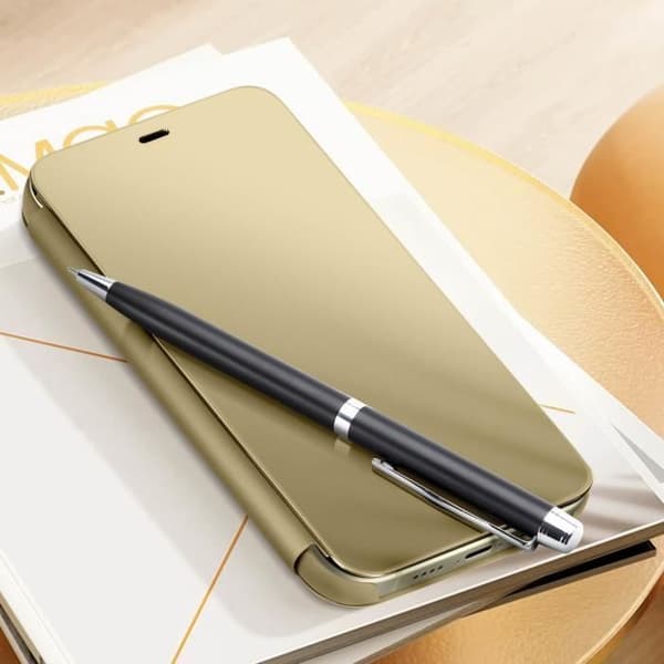 Clear View Fodral till iPhone 15 Pro Max - AVIZAR - Spegel Flip Stativ Funktion Guld