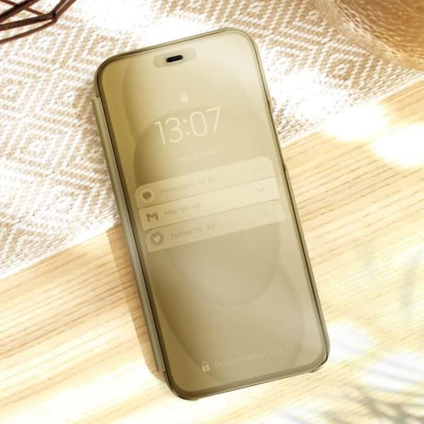 Clear View Fodral till iPhone 15 Pro Max - AVIZAR - Spegel Flip Stativ Funktion Guld