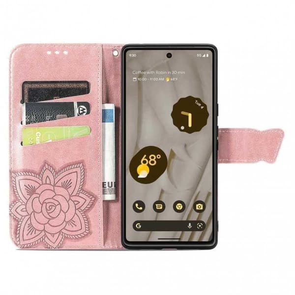 Google Pixel 8 Plånboksfodral PU-Läder 4-FACK Motiv Fjäril