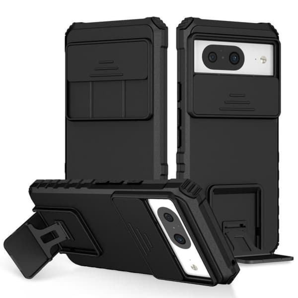 Google Pixel 8 skal med ett kameraskydd och stativ - Svart