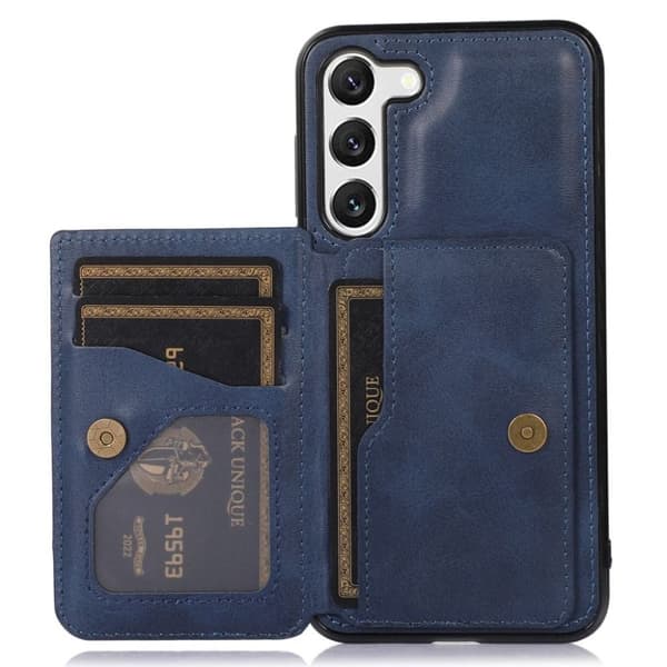 Magnetiskt Samsung Galaxy S23 skal med en plånbok och ett stativ - Blått