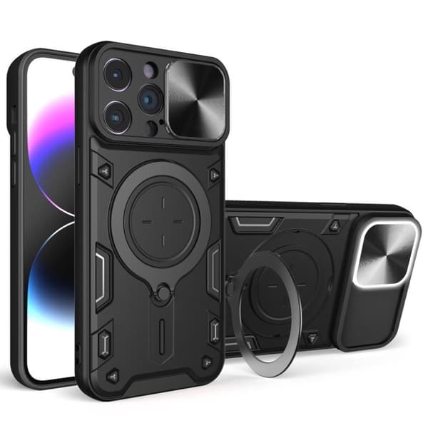 iPhone 15 Pro skal med stativ och kameraskydd - Svart