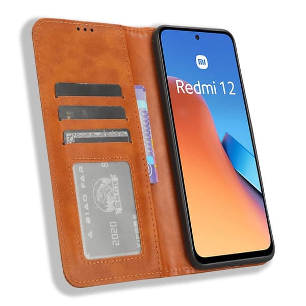 SKALO Xiaomi Redmi 12 4G/5G Kohokuvioitu Premium lompakkokotelo - Ruskea