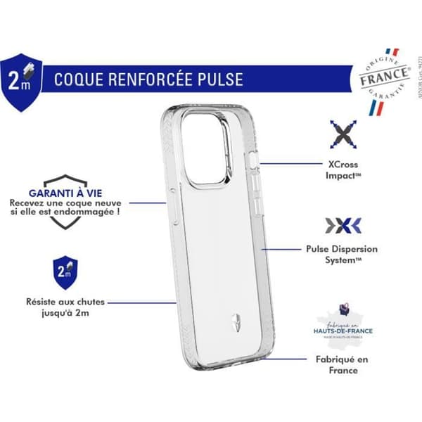 Apple iPhone 14 Pro PULSE-förstärkt fodral tillverkat i Frankrike Livstidsgaranti Transparent Force-fodral