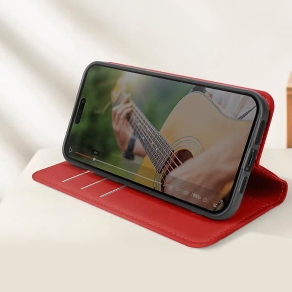 Fodral till iPhone 15 Plus AVIZAR Plånboksställ Röd - Fullständigt skydd med plånbok och stativfunktion