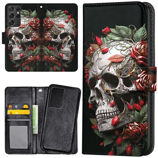 Samsung Galaxy S21 Ultra - Lommebok Deksel Skull Roses