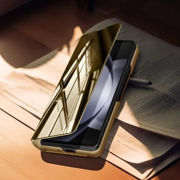 Clear View-fodral till Samsung Galaxy Z Fold 5 - AVIZAR - Hårt skal - Gul - Spegelflik - Stativfunktion