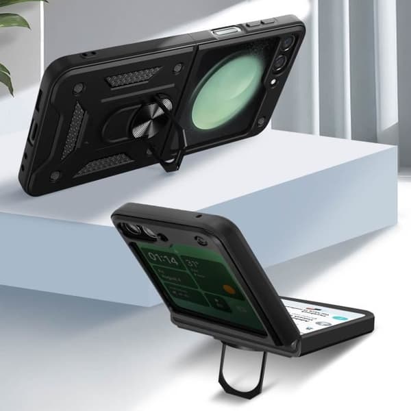 Fodral till Samsung Galaxy Z Flip 5 - AVIZAR - Skin ArmoRing - Hybrid Stötsäker - Metal Ring Support Svart