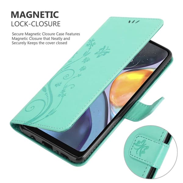 Deksel til Motorola MOTO G22 Lommebokdeksel i blomster design med magnetisk lukking, stativfunksjon og kortplasser