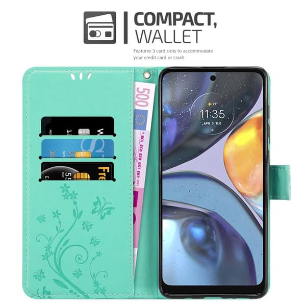 Deksel til Motorola MOTO G22 Lommebokdeksel i blomster design med magnetisk lukking, stativfunksjon og kortplasser
