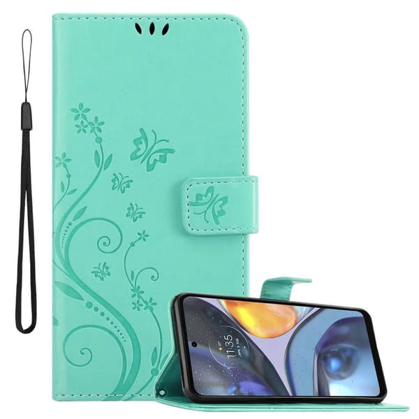 Deksel til Motorola MOTO G22 Lommebokdeksel i blomster design med magnetisk lukking, stativfunksjon og kortplasser Turkis