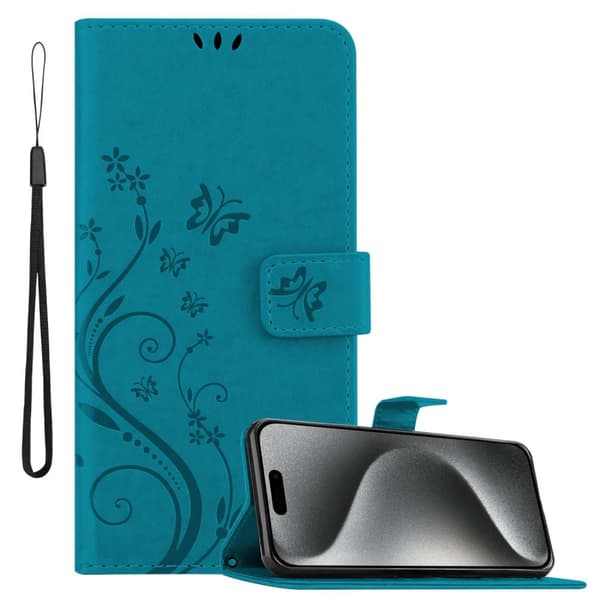 iPhone 15 PRO MAX Pungetui Cover Blomster () Blå