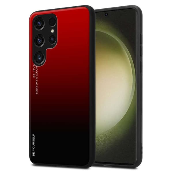 Samsung Galaxy S23 ULTRA Skal Fodral i två färger av TPU-silikon och baksida av härdat glas Case Cover Mobilskydd RÖD - SVART