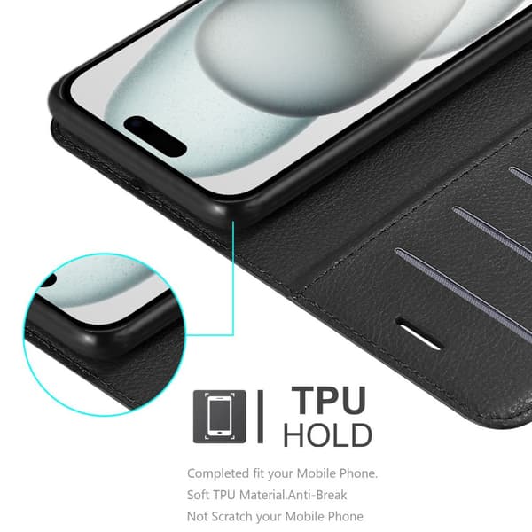Deksel til iPhone 15 Lommebokdeksel med magnetisk lukking, stativfunksjon og kortlomme