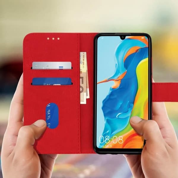 Housse - AVIZAR - Huawei P30 Lite - Fodral Folio - Röd - Videostöd - Plånbok