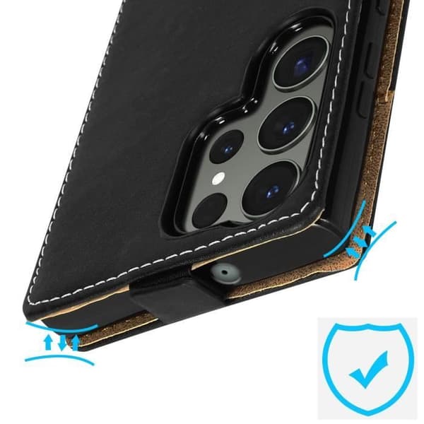Fodral till Galaxy S23 Ultra - AVIZAR - Vertical Flip - Svart lädereffekt - Fullständigt skydd - Korthållare
