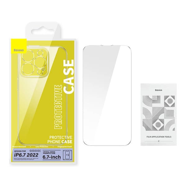 HUSA SMARTPHONE Baseus Crystal Series Magnetic Case, pentru Iphone 14 Plus, contine 1 x folie sticla display, material silicon, transparent "ARJC01000